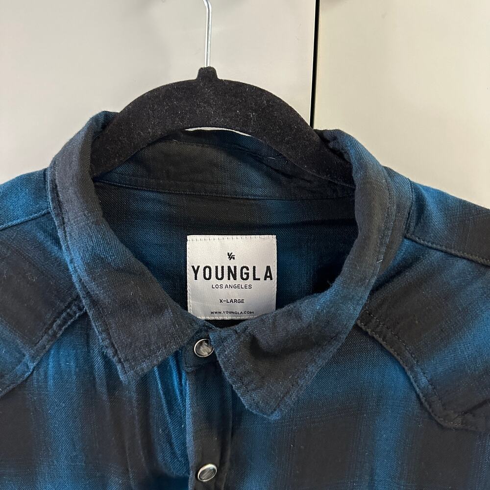 Men's YoungLA Blue Plaid  Pearl Snap,  Viscose, Lightweight  S01, New - Picture 4 of 6
